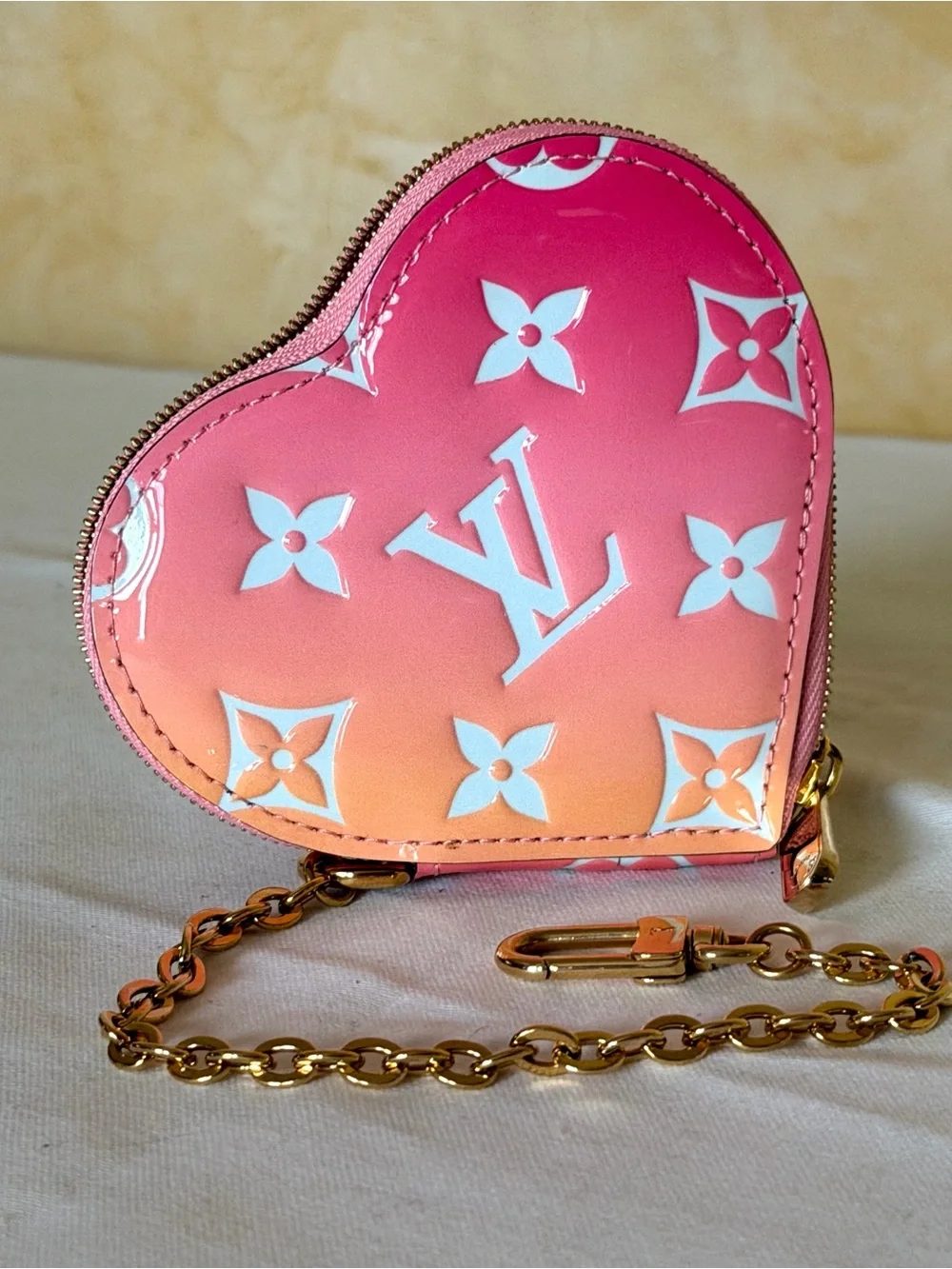 Louis Vuitton Monogram Vernis Heart Coin Purse with Gold Chain